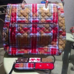 Vera Bradley brown,red and blue Tweed plaid tote bag with matching wristlet.